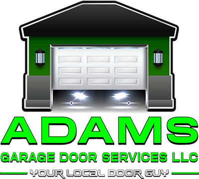 A green and black logo that features a garage door opening with car headlights glowing inside, with text below that says Adams Garage Door Services LLC.