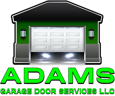 A green and black logo that features a garage door opening with car headlights glowing inside, with text below that says Adams Garage Door Services LLC.